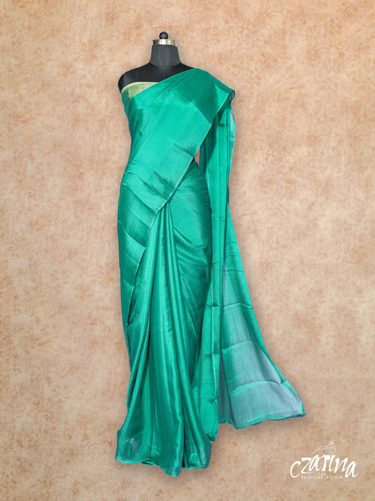 TEAL GREEN WITH GOLD AND TEAL GREEN BROCADE BLOUSE PURE CHIFFON SAREE
