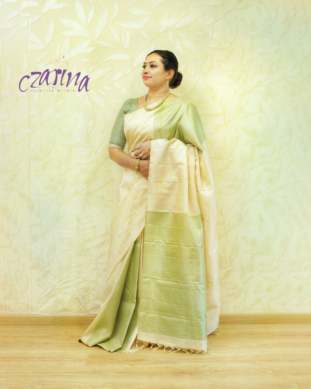 Beige and green Kanchipuram silk saree