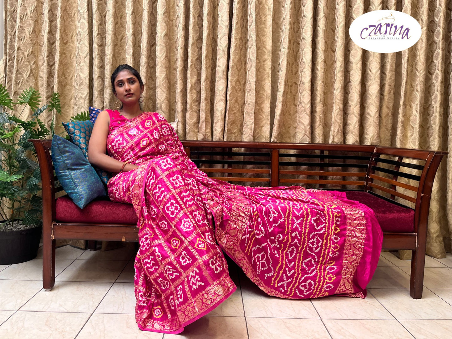 Magenta and Gold Bandhini Gharchola Silk Saree