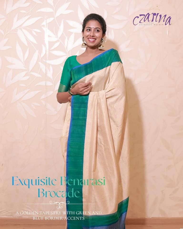 GOLDEN TAPESTRY WITH GREEN AND BLUE BORDER EXQUISITE BENARASI BROCADE SAREE