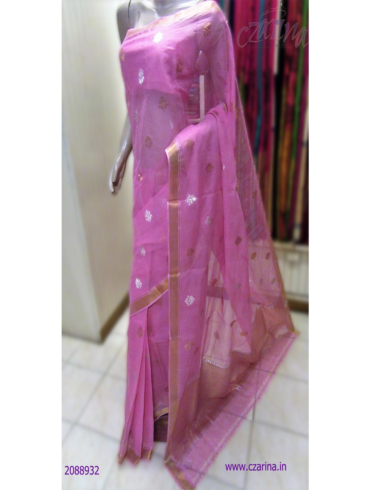 PINK GOLDEN BORDER PURE ZARI KOTA SAREE