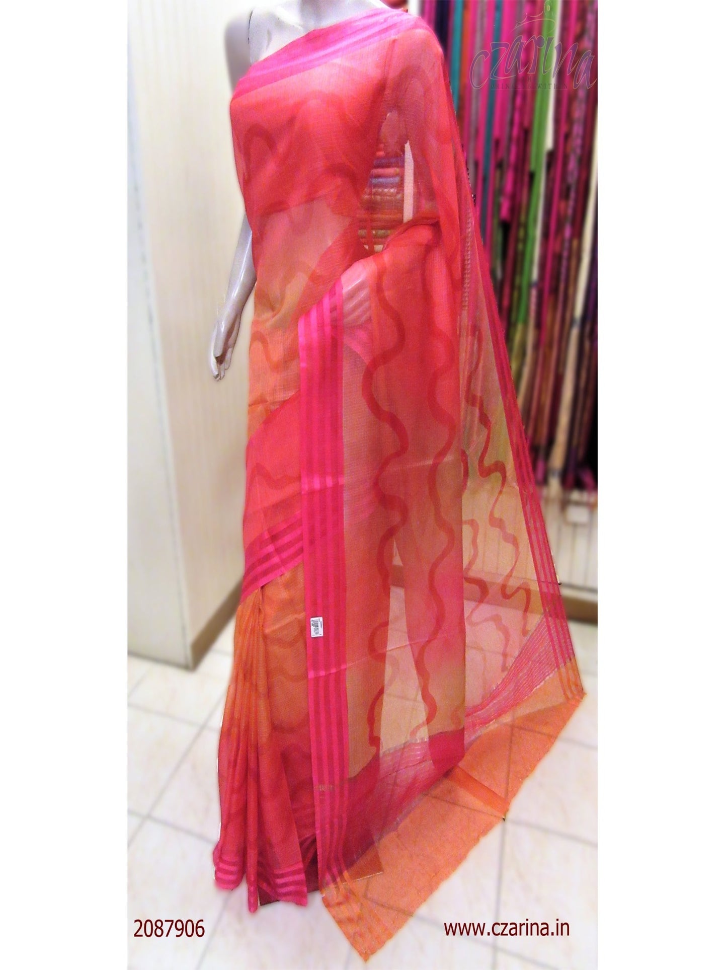 ORANGE PINK PRINTED SILKY KOTA SAREE