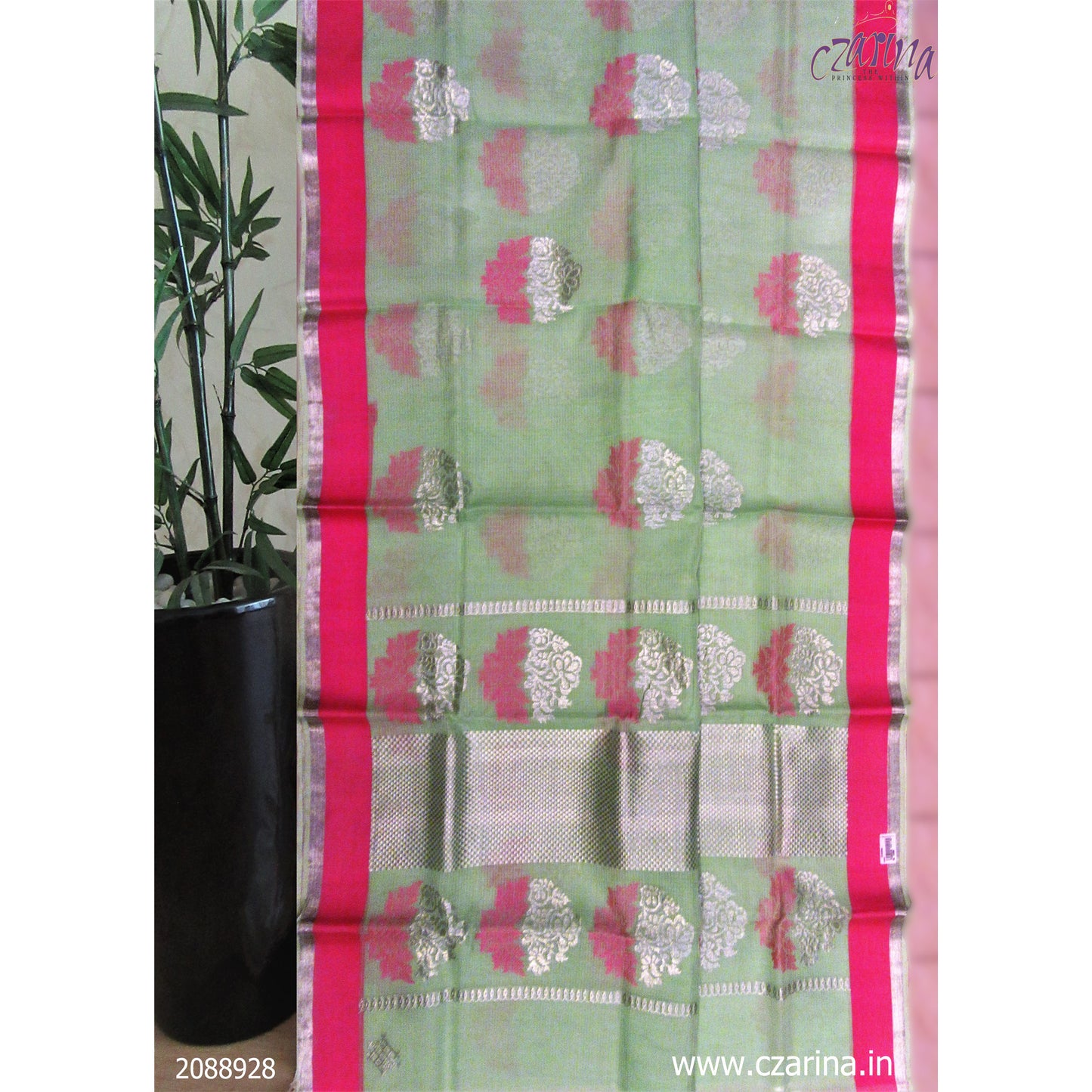 GREEN PINK SILVER PURE ZARI KOTA SAREE