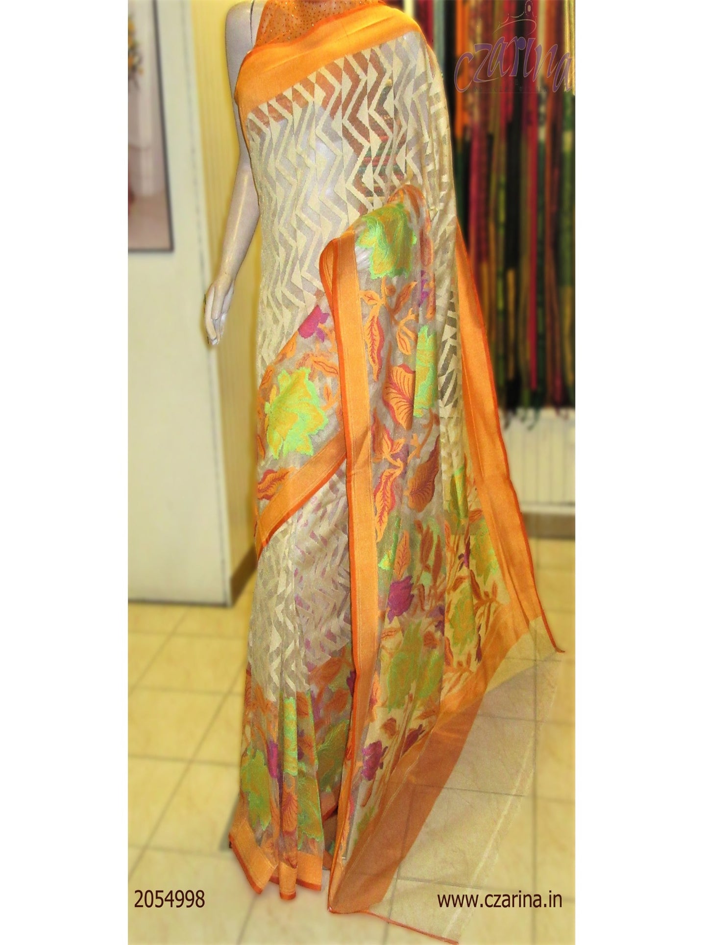 OFF WHITE ORANGE BANARASI SILK SAREE
