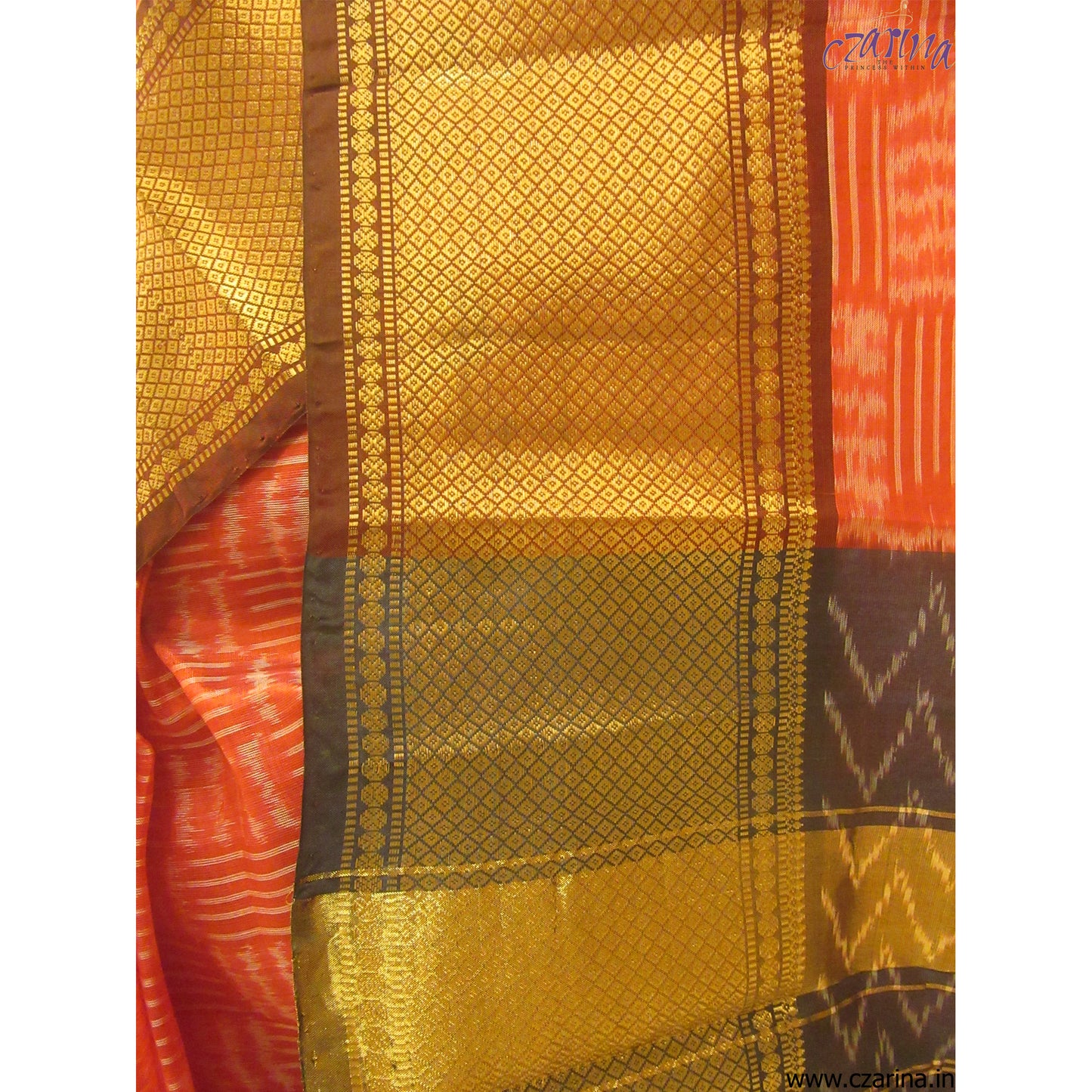 FERRARI RED SHADOW BLACK GOLDEN IKAT SILK SARI
