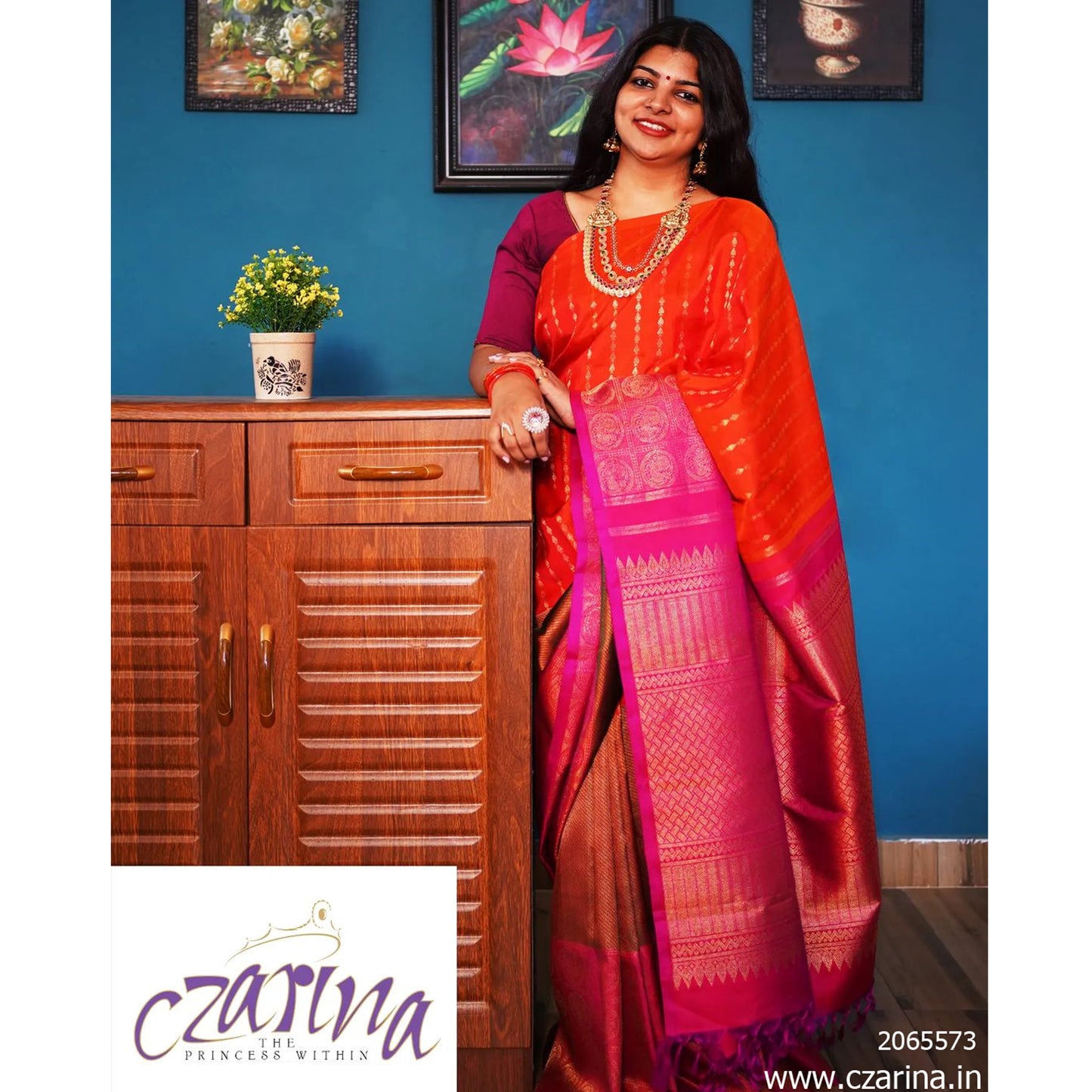 ORANGE MAGENTA ARMY GREEN KANCHIPURAM SILK SAREE