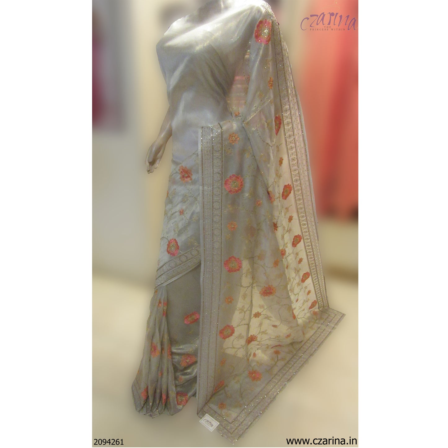 LIGHT GREY EMBROIDERED ORGANZA SAREE