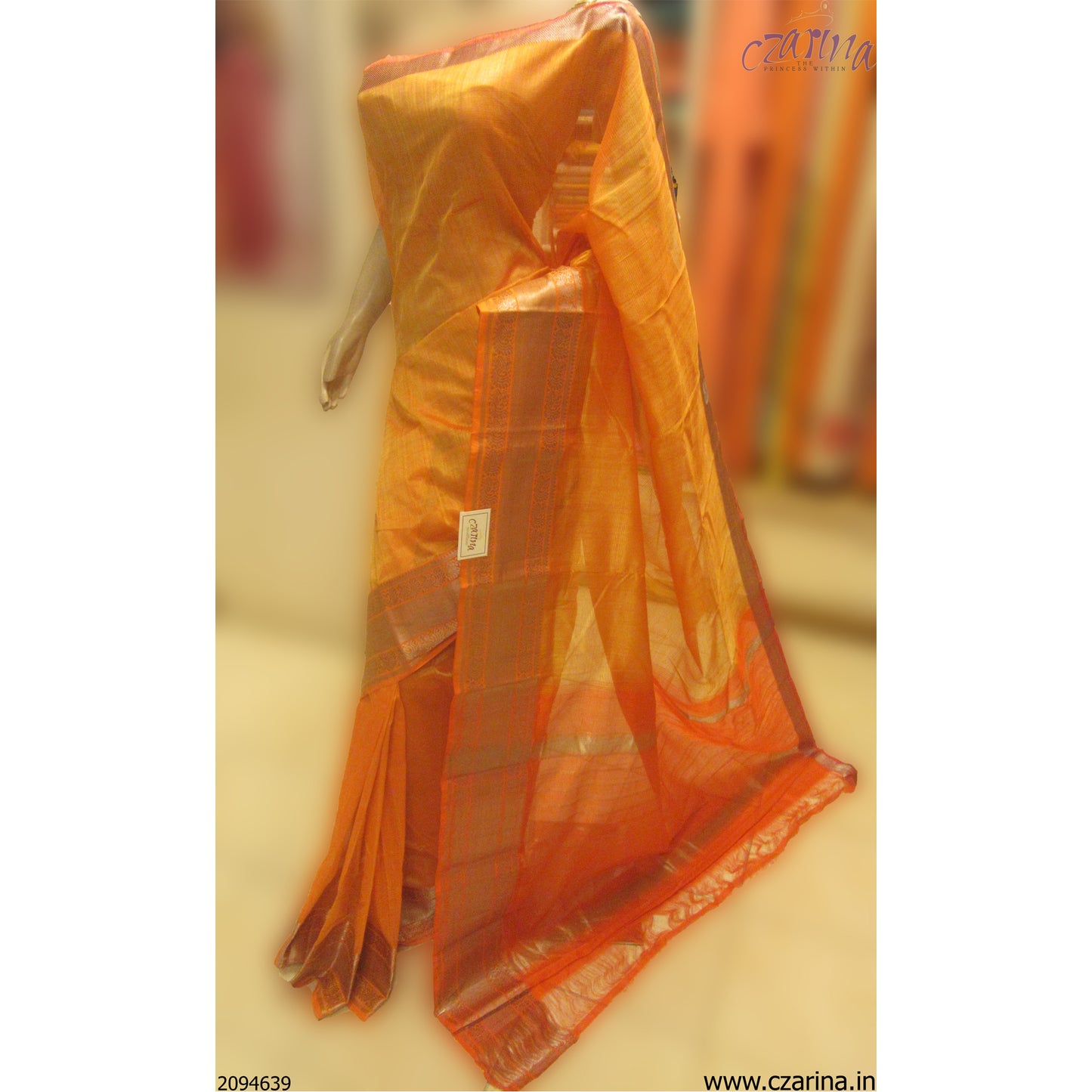 LIGHT ORANGE GOLDEN MANGALAGIRI SILK SARI