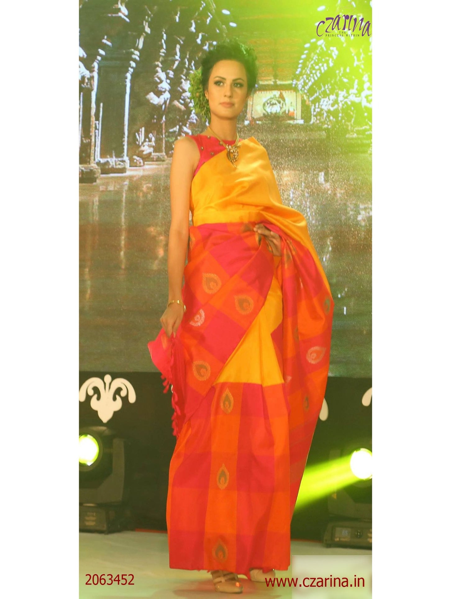 YELLOW ORANGE PINK KANCHIPURAM SILK SAREE