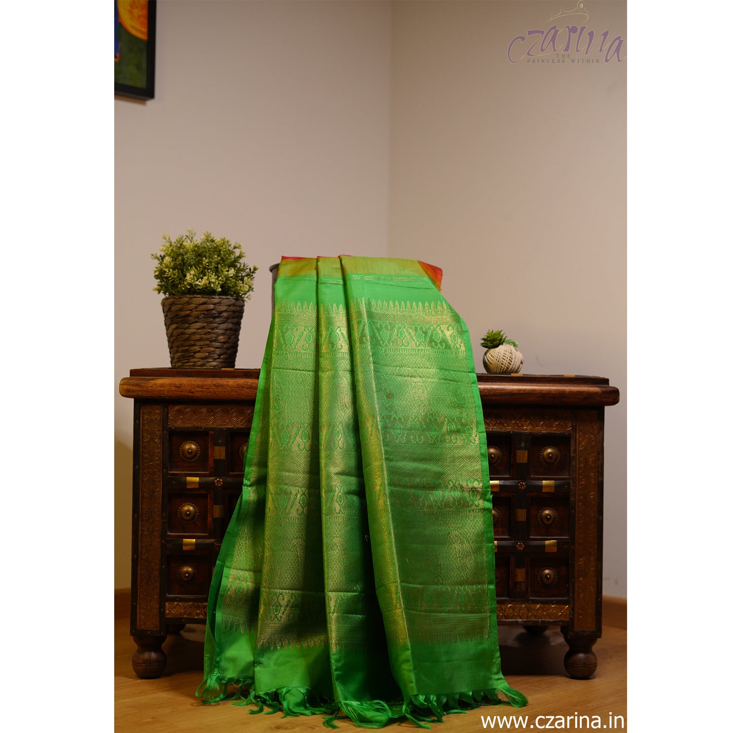 ORANGE GREEN CREAM KANCHIPURAM SILK SAREE