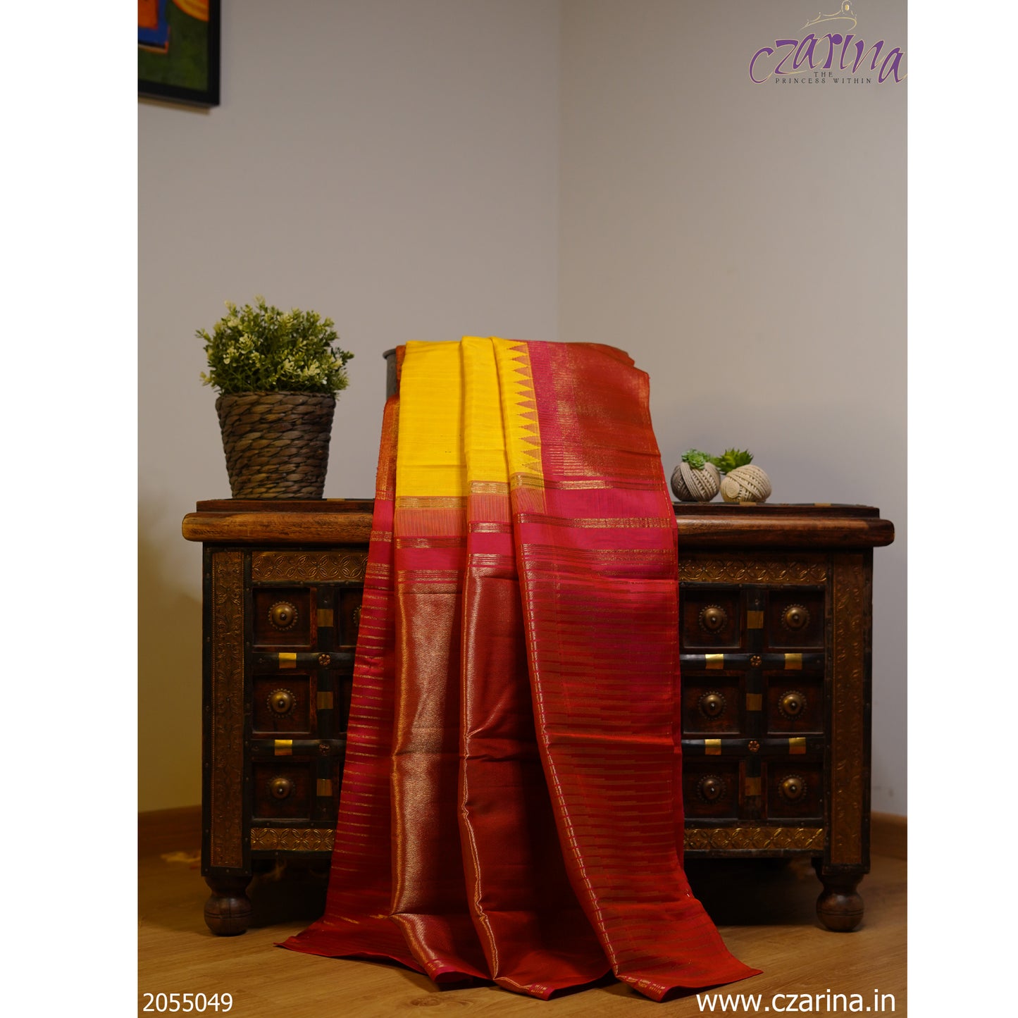 YELLOW REDDISH PINK KANCHIPURAM SILK SAREE