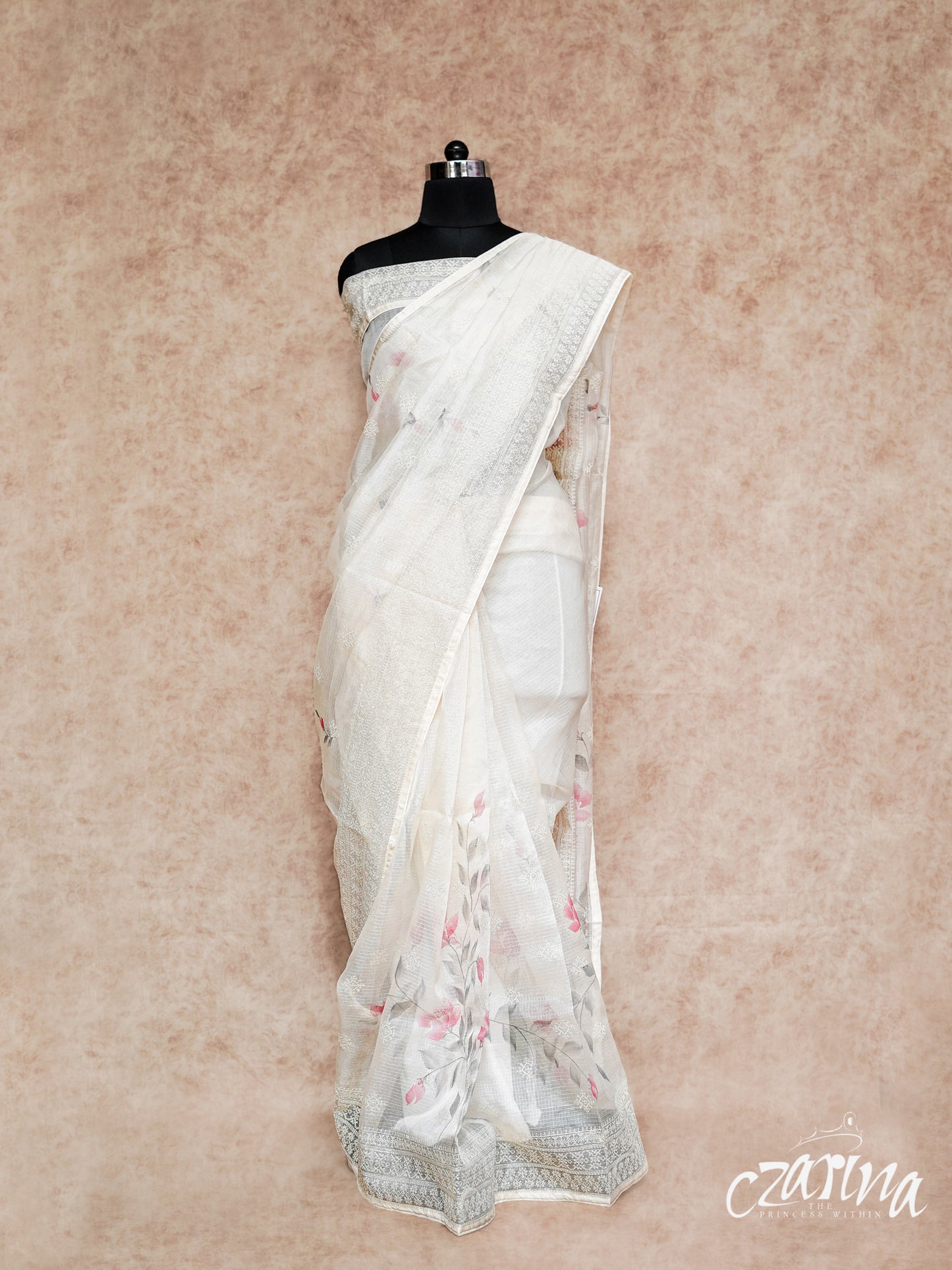 OFF-WHITE WITH HAND PAINTING AND SELF-THREAD EMBROIDERY SILK KOTA SAREE