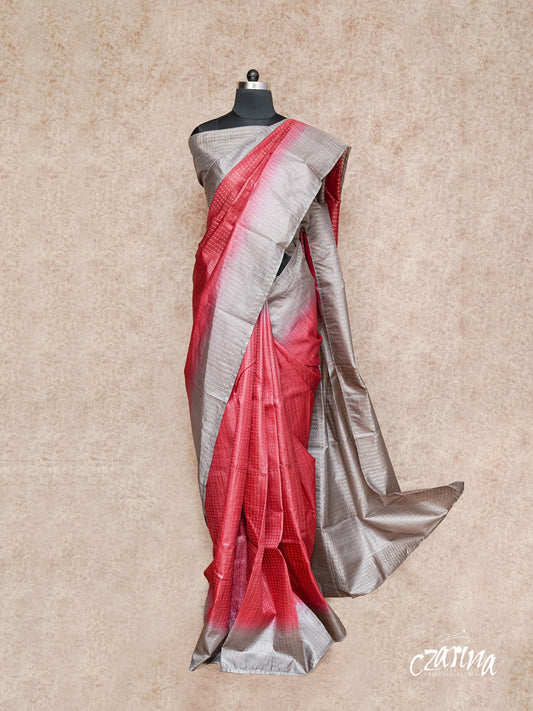 MAROON AND GREY WITH SMALL GOLD BUTTIS TUSSAR SILK SAREE
