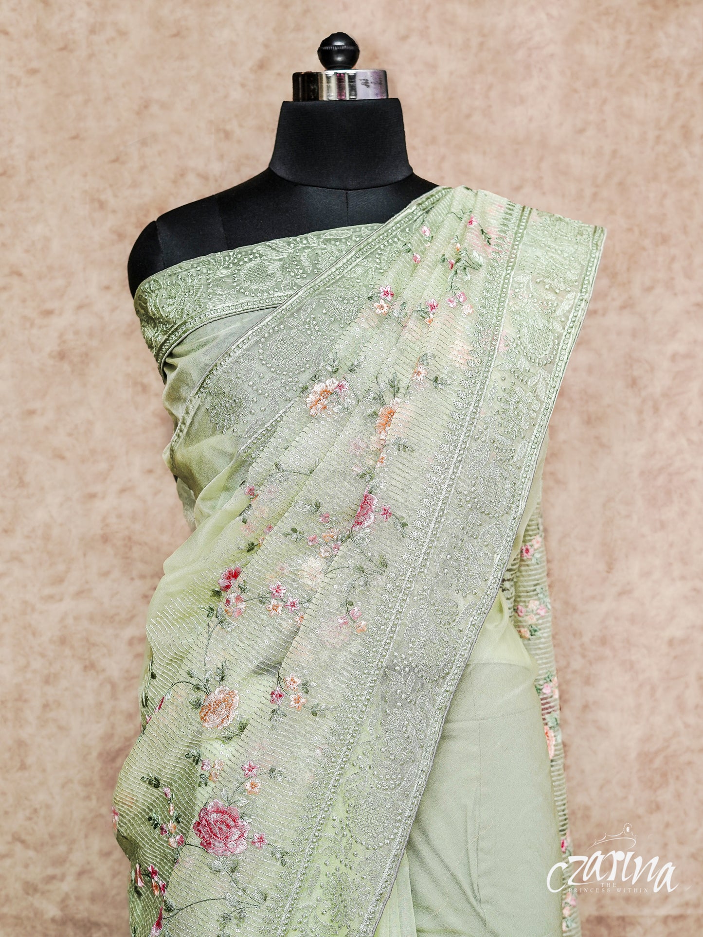 PISTA GREEN WITH FLORAL EMBROIDERY ORGANZA SILK SAREE