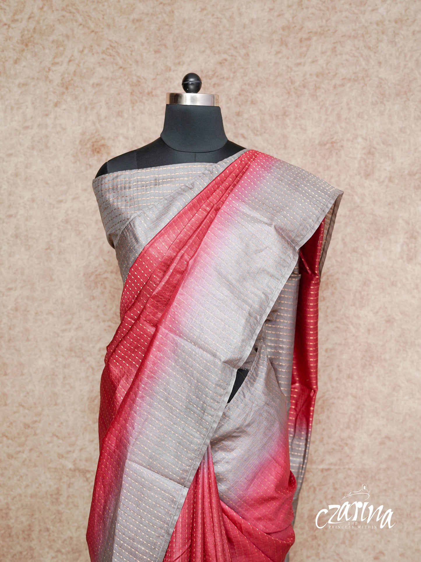 MAROON AND GREY WITH SMALL GOLD BUTTIS TUSSAR SILK SAREE
