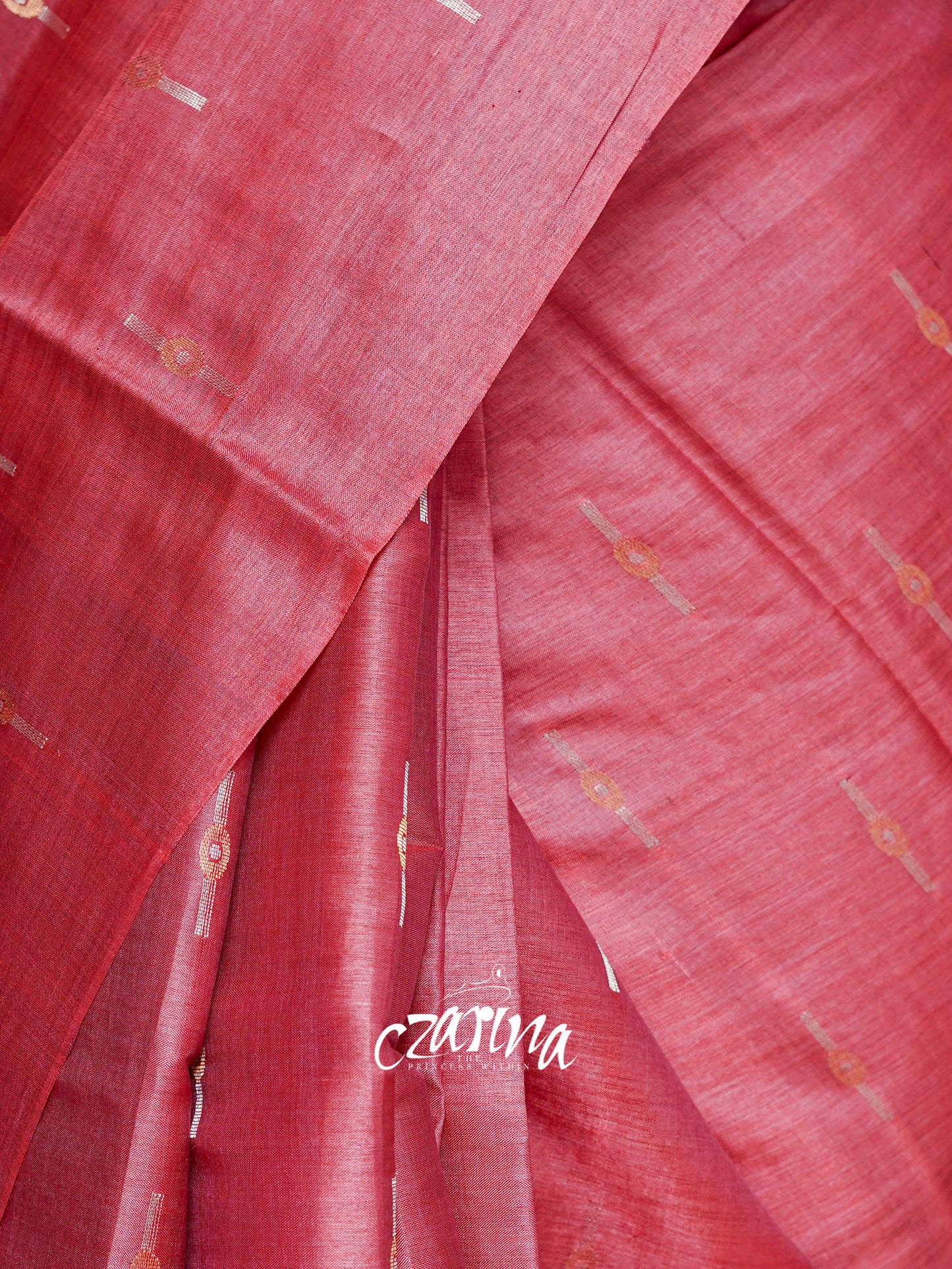 MAROONISH RED WITH GOLD AND SILVER BUTTIS TUSSAR SILK SAREE