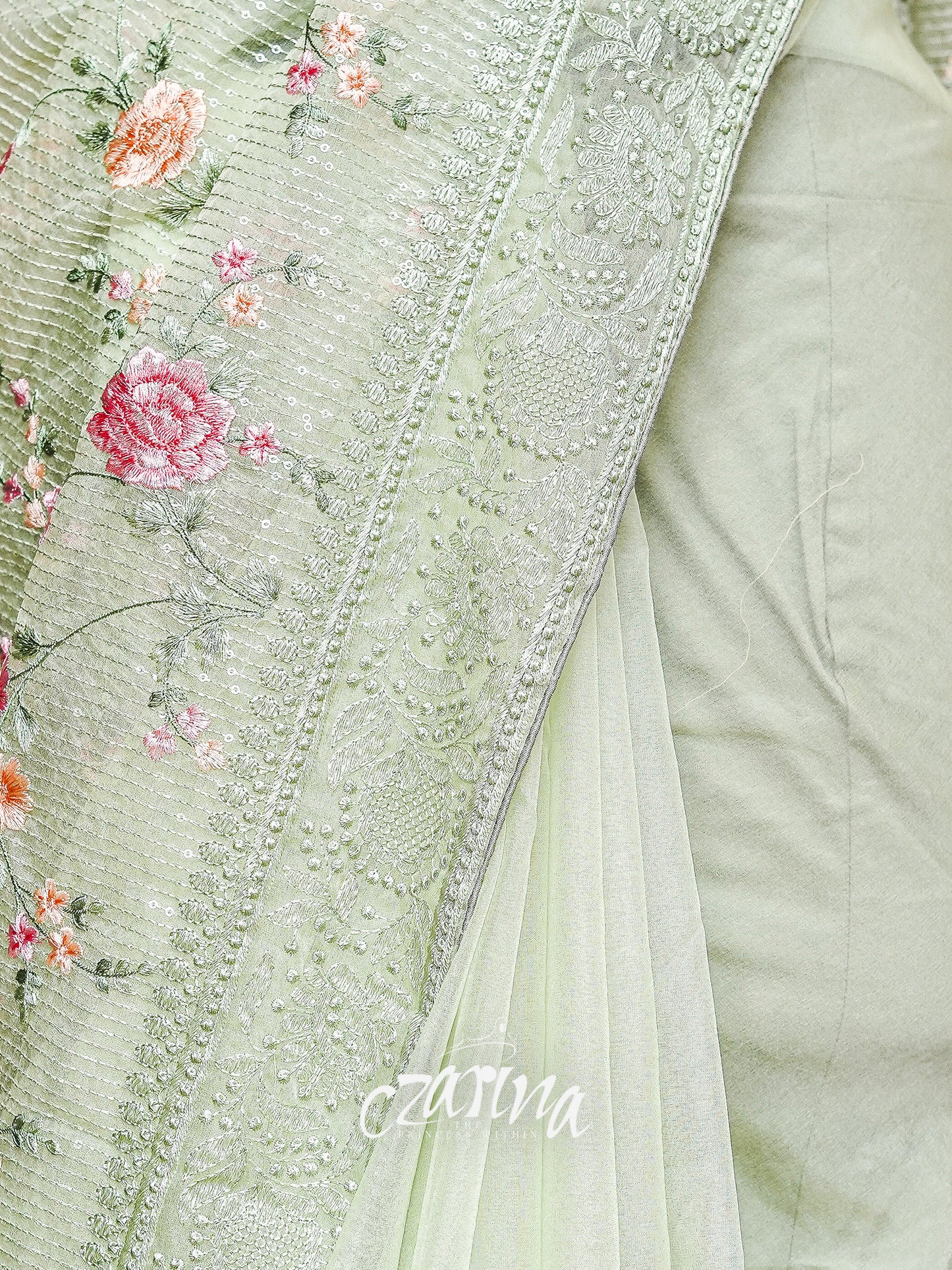 PISTA GREEN WITH FLORAL EMBROIDERY ORGANZA SILK SAREE