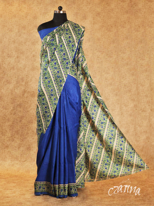 ROYAL BLUE AND BEIGE PARTLY PRINTED SOFT TUSSAR SILK SAREE