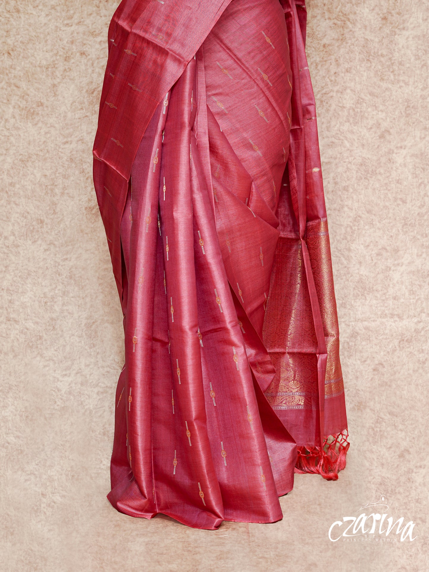 MAROONISH RED WITH GOLD AND SILVER BUTTIS TUSSAR SILK SAREE