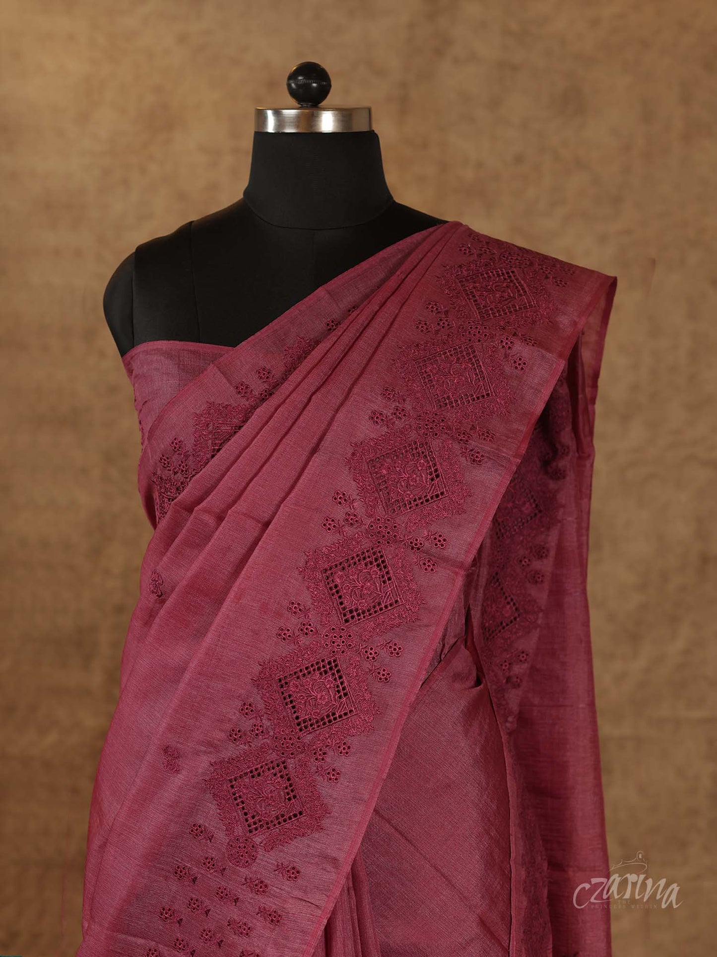 ONION PINK THREAD EMBROIDERY WITH CUT WORK TUSSAR SILK SAREE