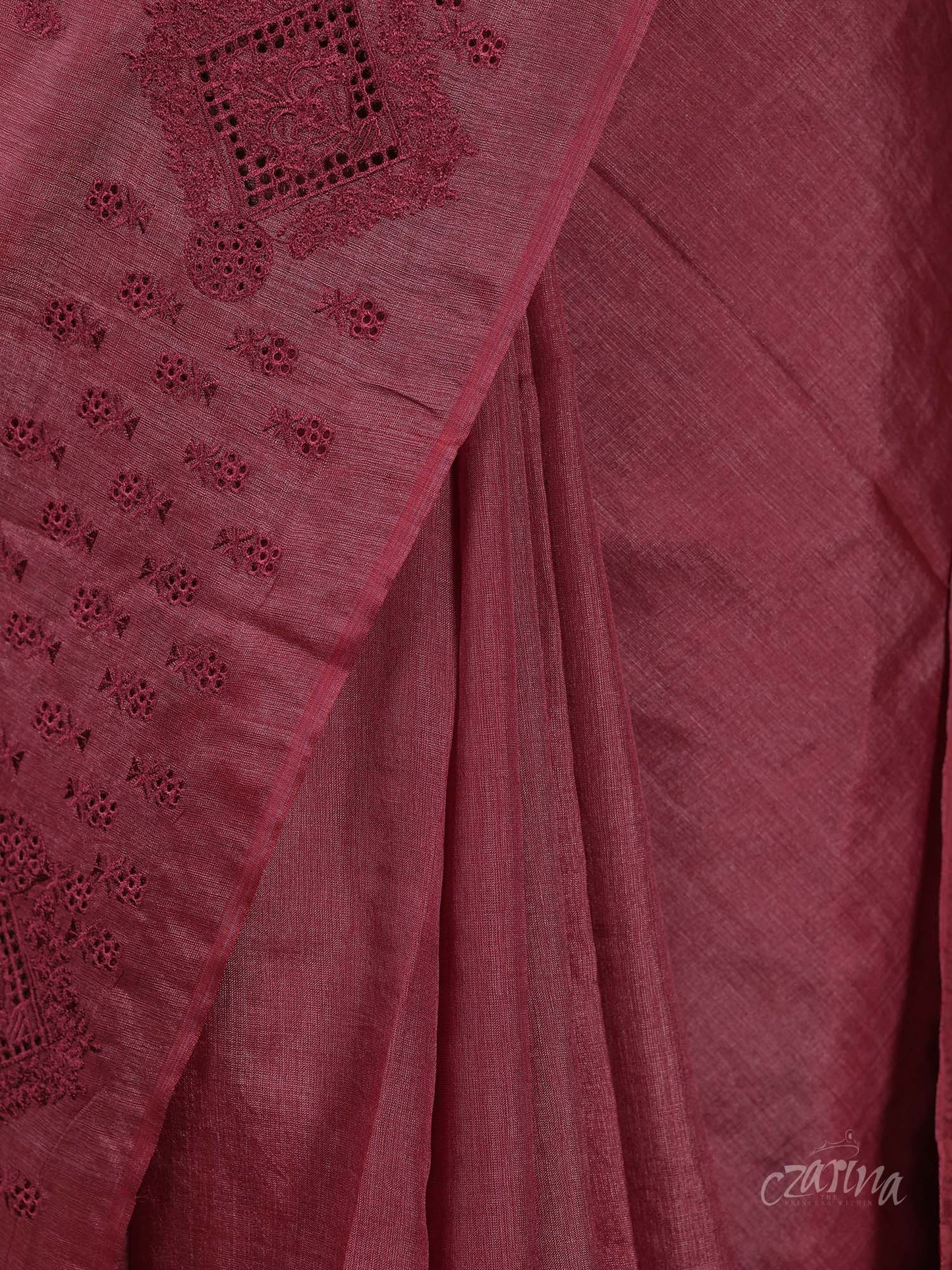 ONION PINK THREAD EMBROIDERY WITH CUT WORK TUSSAR SILK SAREE