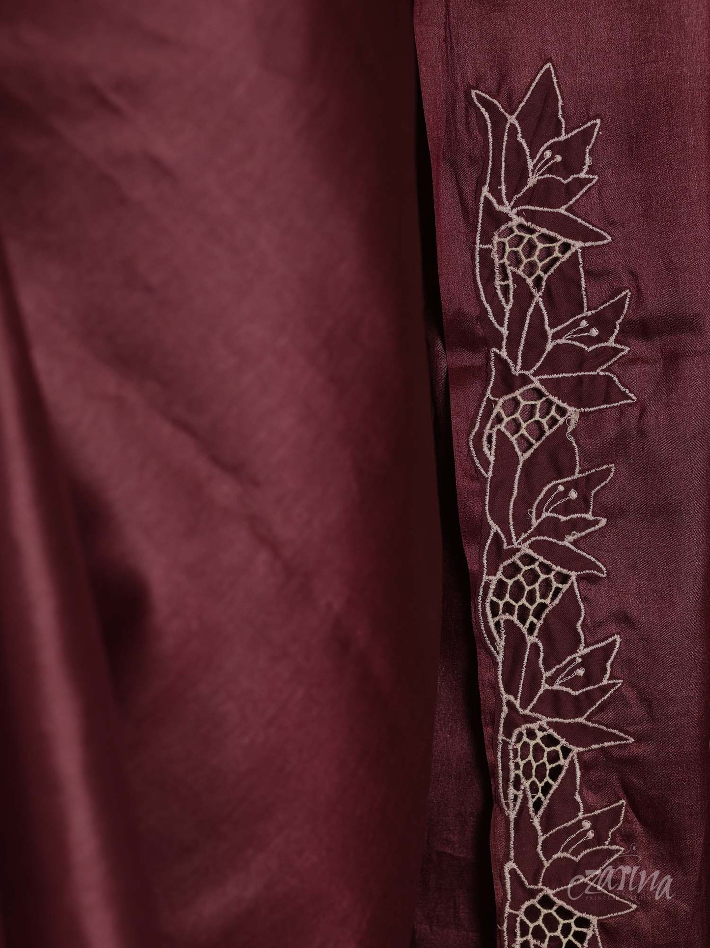 WINE MAROON TWINE CUT WORK TUSSAR SILK SAREE