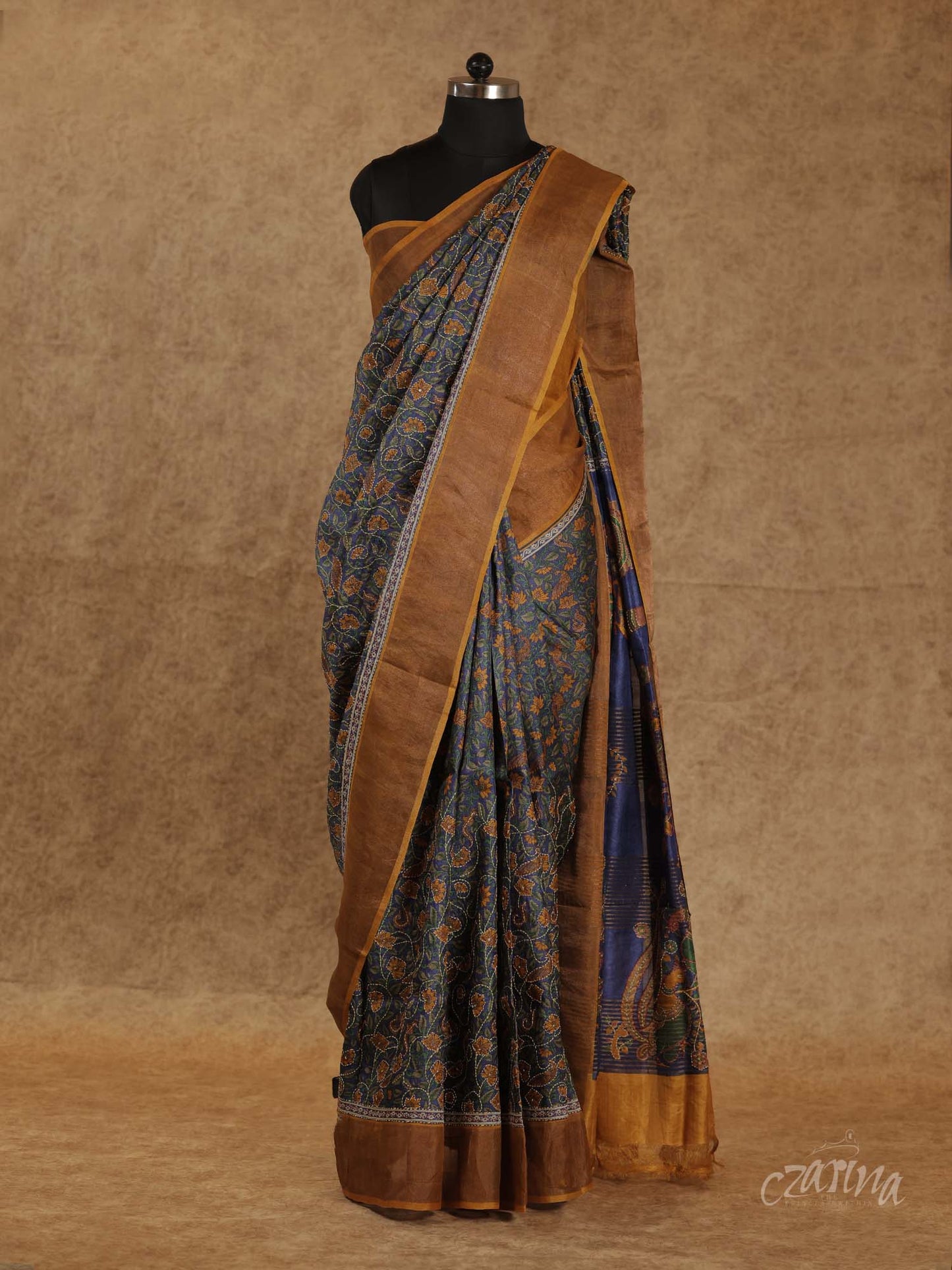 GRAY KALAMKARI PRINT WITH GOLDEN BORDER TUSSAR SILK SAREE