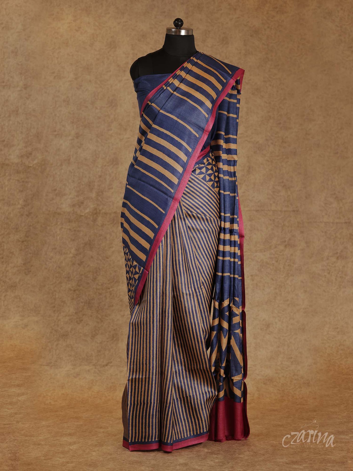 NAVY BLUE AND BEIGE VERTICAL STRIPE PARTLY DESIGNED WITH PINK BORDER TUSSAR SILK SAREE