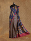 NAVY BLUE AND BEIGE VERTICAL STRIPE PARTLY DESIGNED WITH PINK BORDER TUSSAR SILK SAREE