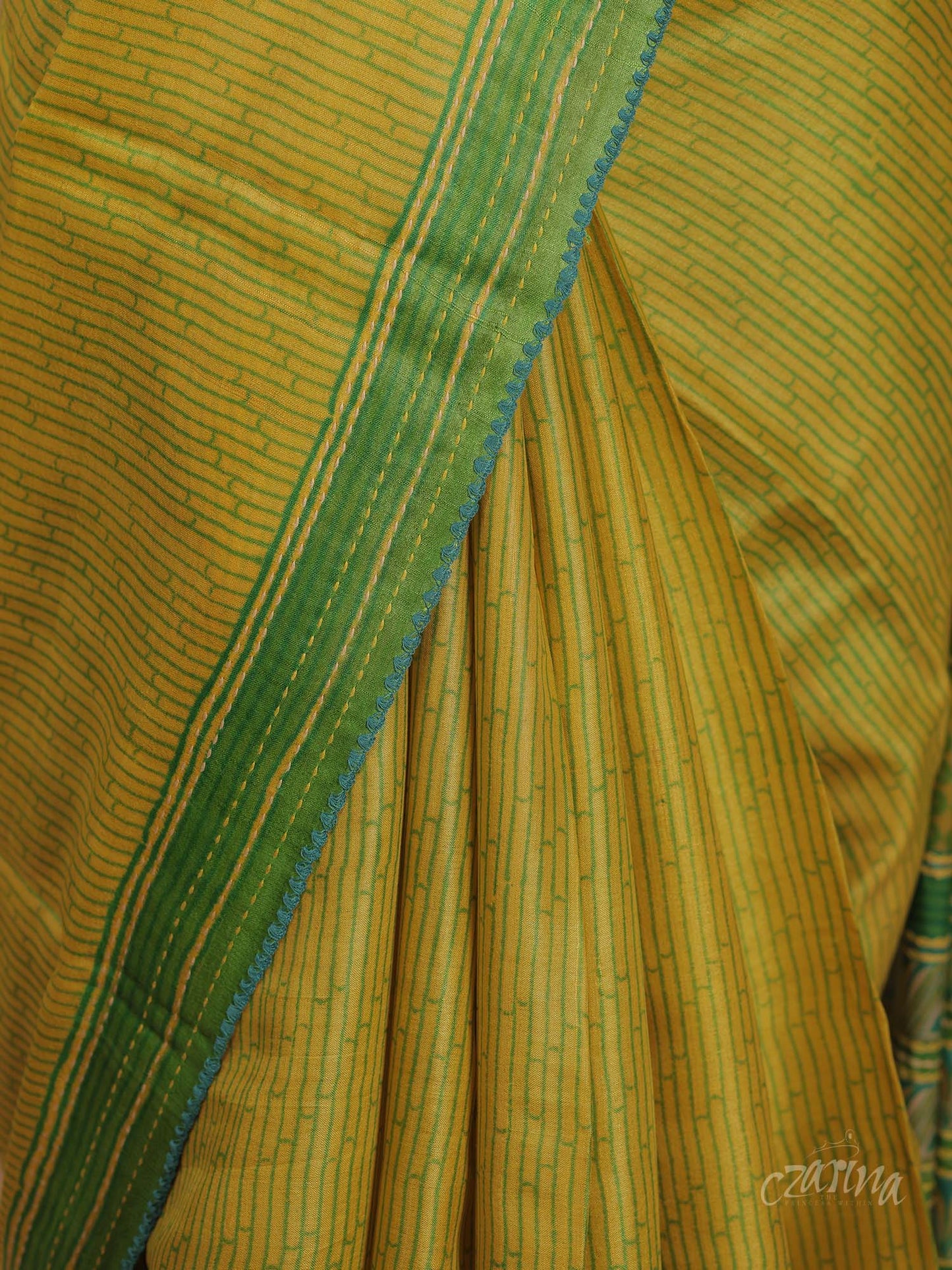 LIME YELLOW AND GREEN WITH KANTHA EMBROIDERY TUSSAR SILK SAREE