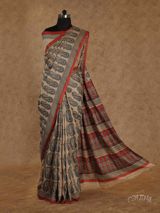 BIEGE WITH GREY BLOCK PRINTED SOFT TUSSAR SILK SAREE