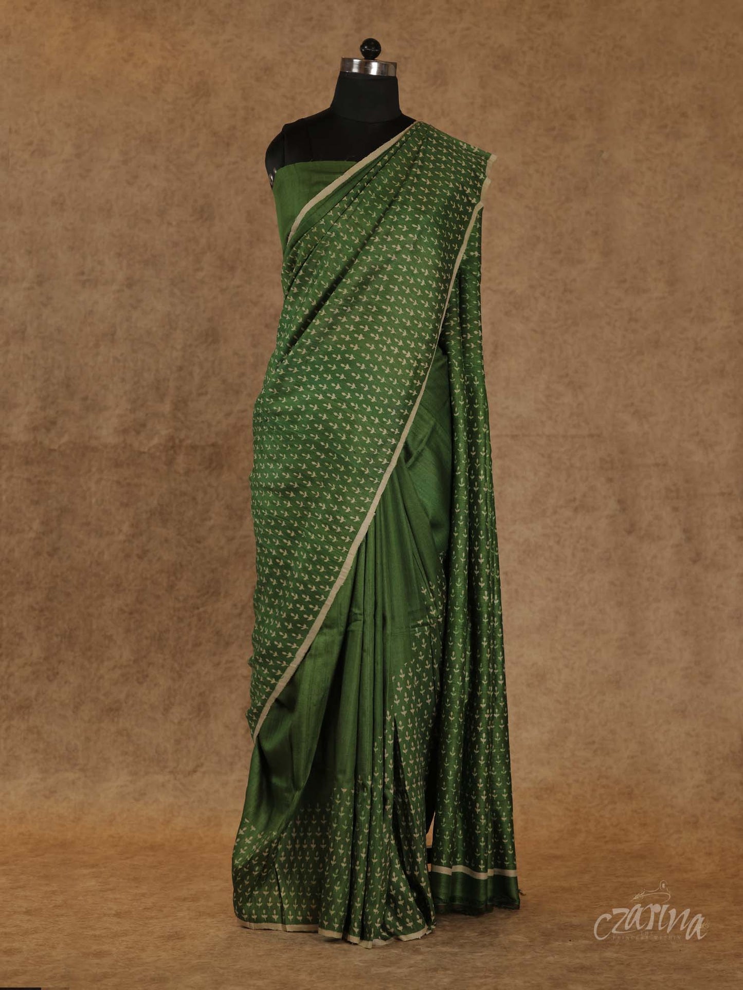 OLIVE GREEN SHADE WITH ASCENDING OFF-WHITE MOTIFS PRINTED TUSSAR SILK SAREE