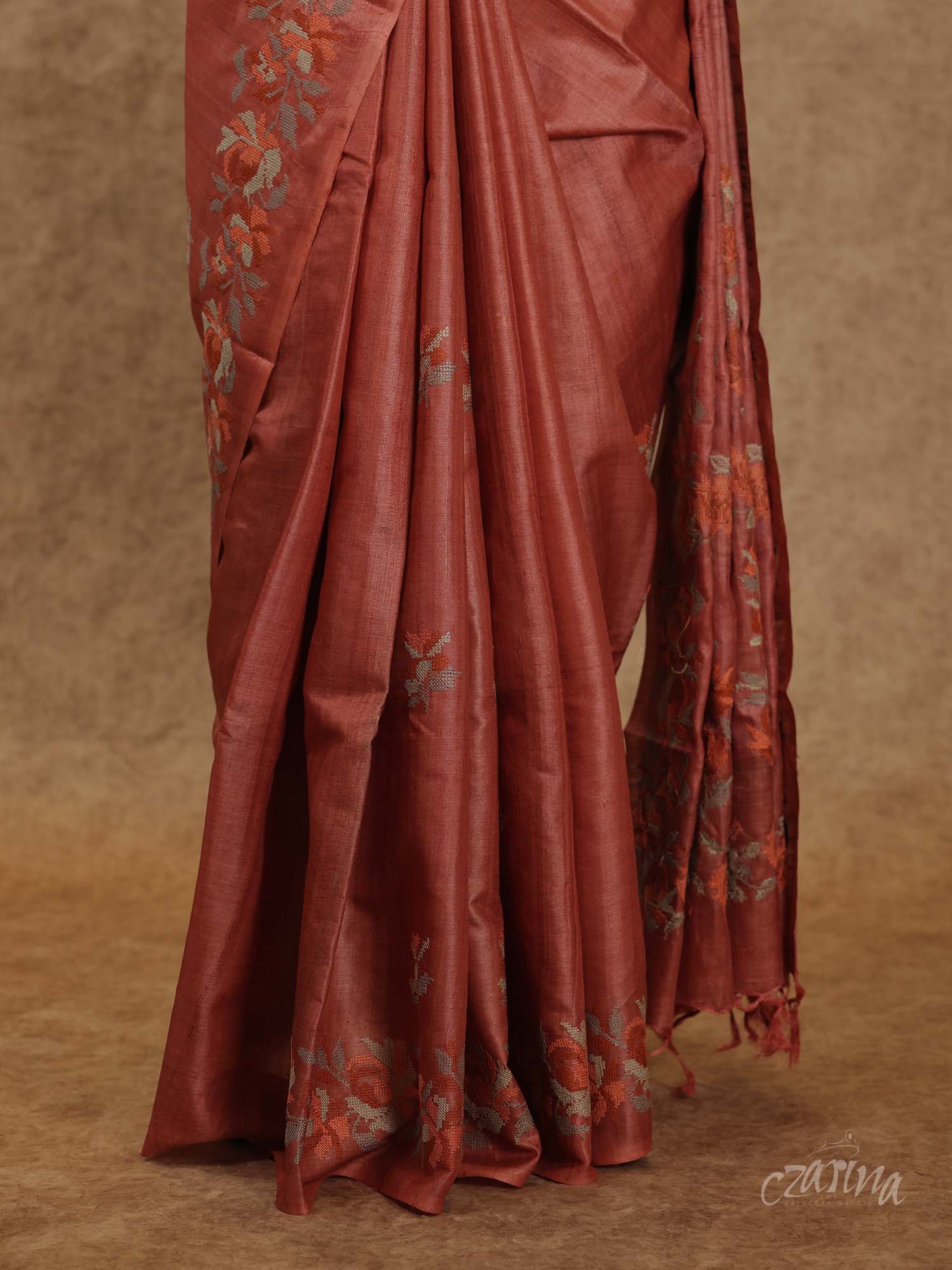 RUST COLOR WITH BEIGE AND CROSS STITCH DESIGN EMBROIDERY TUSSAR SILK SAREE
