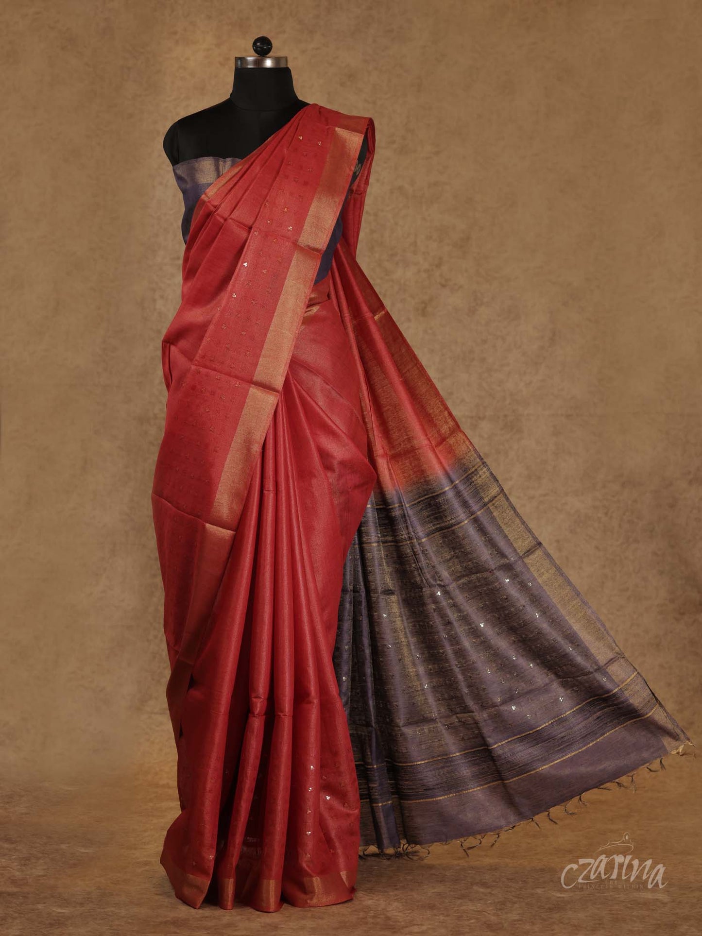 ORANGE AND GREY WITH WOVEN SEQUENCES ON BORDER TUSSAR SILK SAREE