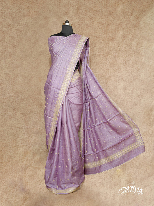 LAVENDER WITH DELICATE THREAD EMBROIDERY ON BORDERS AND ALL OVER THE BODY TUSSAR SILK SAREE