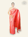 LIGHT RED TUSSAR SILK SAREE WITH ALL OVER GEOMETRIC WEAVE IN ANTIQUE ZARI