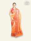 ORANGE AND RED CHANDERI SAREE WITH GEOMETRIC DESIGNS AND ANTIQUE GOLD ZARI BORDERS