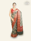 DARK OLIVE GREEN CHANDERI SAREE WITH PEACOCK MOTIFS AND MAROON BORDER WITH ANTIQUE ZARI WEAVING