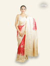 RED TUSSAR SILK SAREE WITH BEIGE BORDERS AND BEIGE FLORAL EMBROIDERY