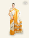 BEIGE TUSSAR SILK SAREE WITH MUSTARD CHECKED BORDER AND BIRD DESIGNS