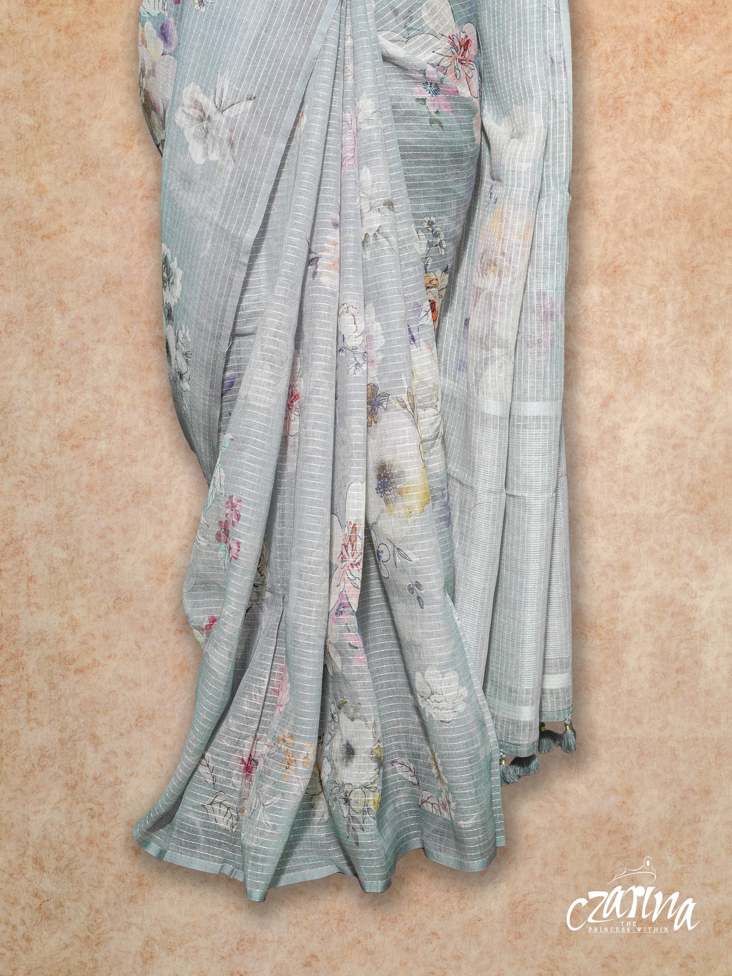BLUISH GREY WITH FLORAL PRINTS AND PASTEL SHADES LINEN SAREE