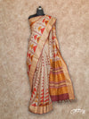 BEIGE WITH GOLD ZARI BORDER AND GEOMETRIC PRINTS IN RUST AND MUSTARD TUSSAR SILK SAREE