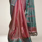 Close-up of Onion Pink Lightweight Kanchipuram Saree with Sea Green and Gold Thread Work fabric and drape – Czarina Boutique