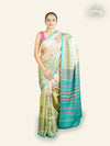 BEIGE AND GREEN SHADED SOFT TUSSAR SILK SAREE WITH FLORAL BLOCK PRINTS
