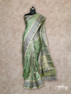 LIGHT OLIVE GREEN LIGHTWEIGHT WITH BEIGE BORDER AND GREY AND GOLD THREADWORK KANCHIPURAM SAREE