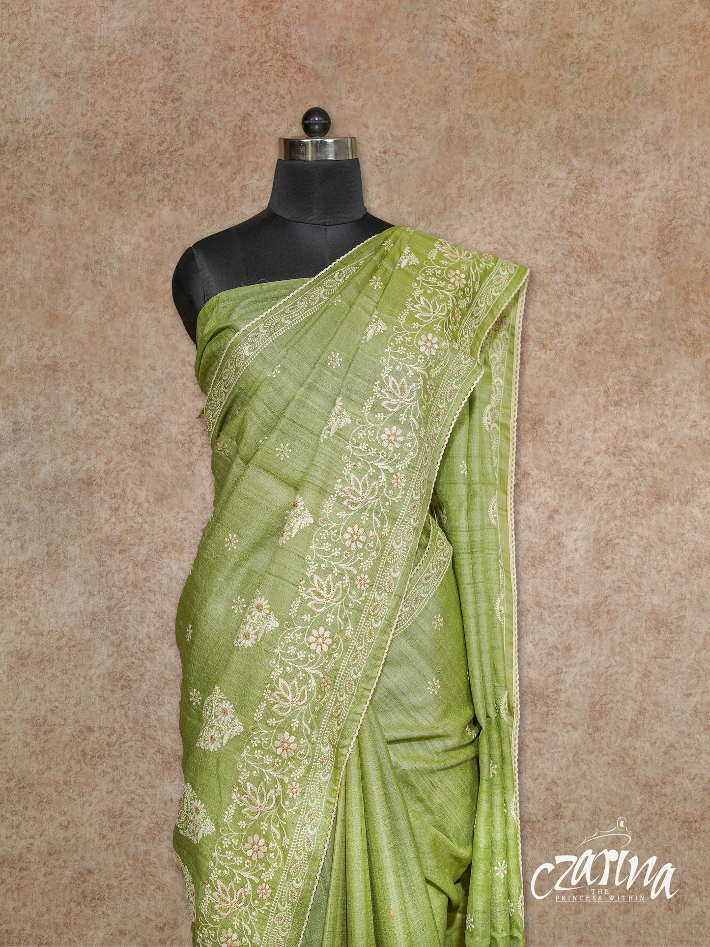 LIME GREEN WITH OFF WHITE THREAD EMBROIDERY TUSSAR SILK SAREE