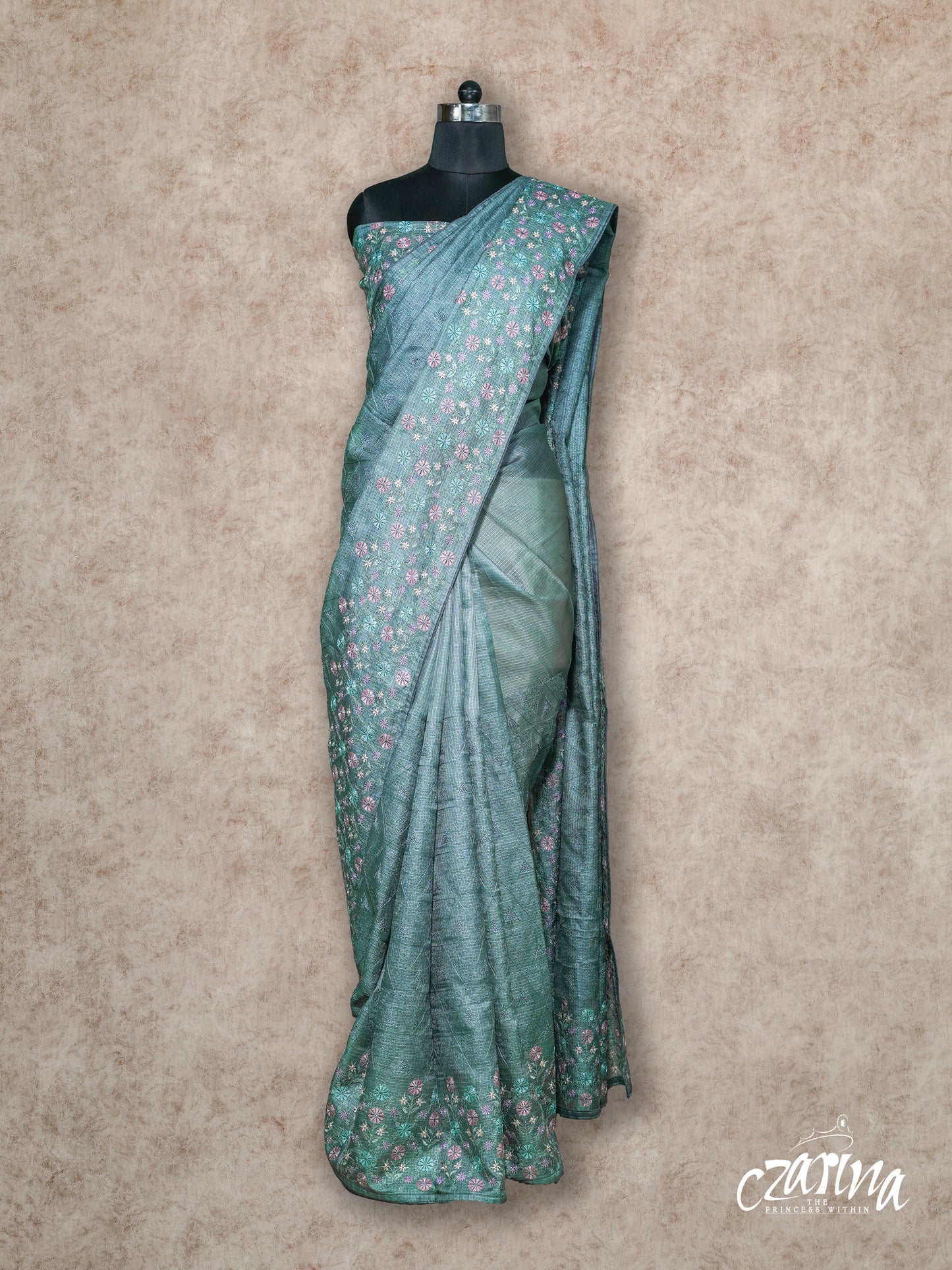 SILVER GREY WITH FINE THREAD EMBROIDERY IN SHADES OF PINK AND GREY SILK KOTA SAREE