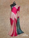 BEIGE, MAGENTA AND BLUE WITH SHIBORI BANDINI AND AJRAK DESIGNS GAJJI SILK SAREE