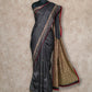 BLACK WITH APPLIQUE WORK IN BEIGE AJRAK PRINTED TUSSAR SILK SAREE