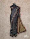 BLACK WITH APPLIQUE WORK IN BEIGE AJRAK PRINTED TUSSAR SILK SAREE